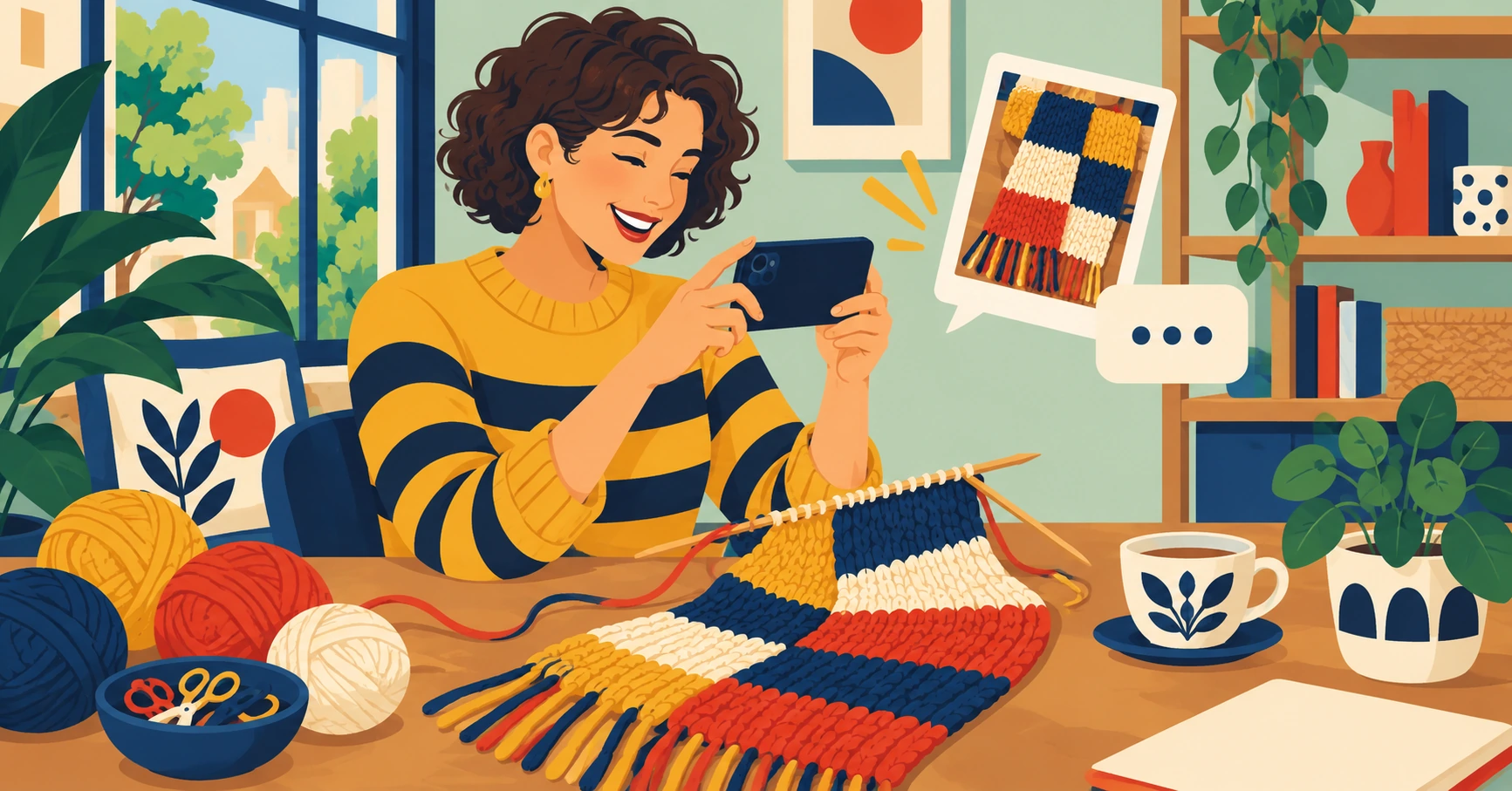 編みかけのマフラーをスマートフォンで撮影する女性